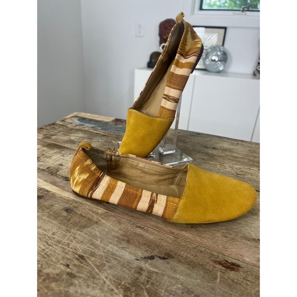 Laligo Bettie Mustard Yellow Suede Ikat Textile Ballet Flats Womens Size 9M